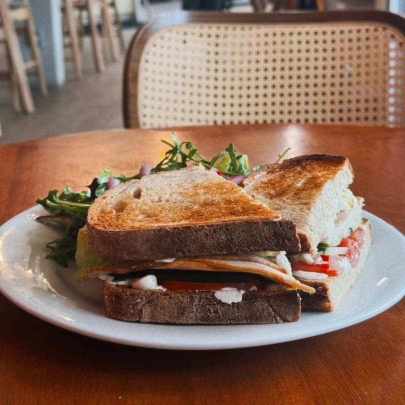 A toasted sandwich with turkey, tomato, and lettuce, served with a side salad on a white plate.